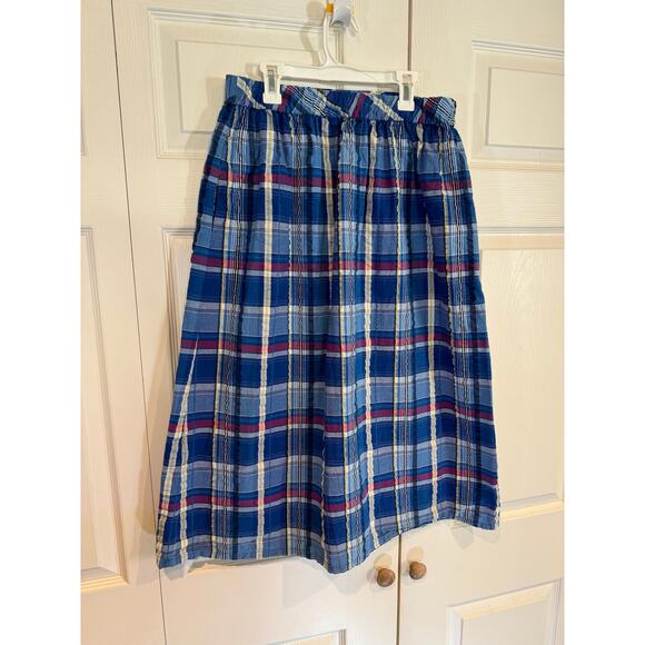 Vintage Blue Plaid Midi Skirt Pockets Picnic Retro Casual Everyday - Picture 2 of 6